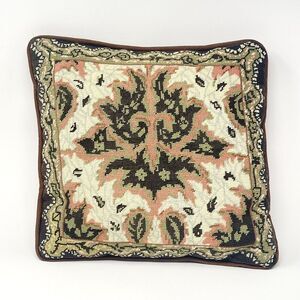 Vintage Needlepoint Pillow Peach Brown Green Leaf Design 13” x 14”